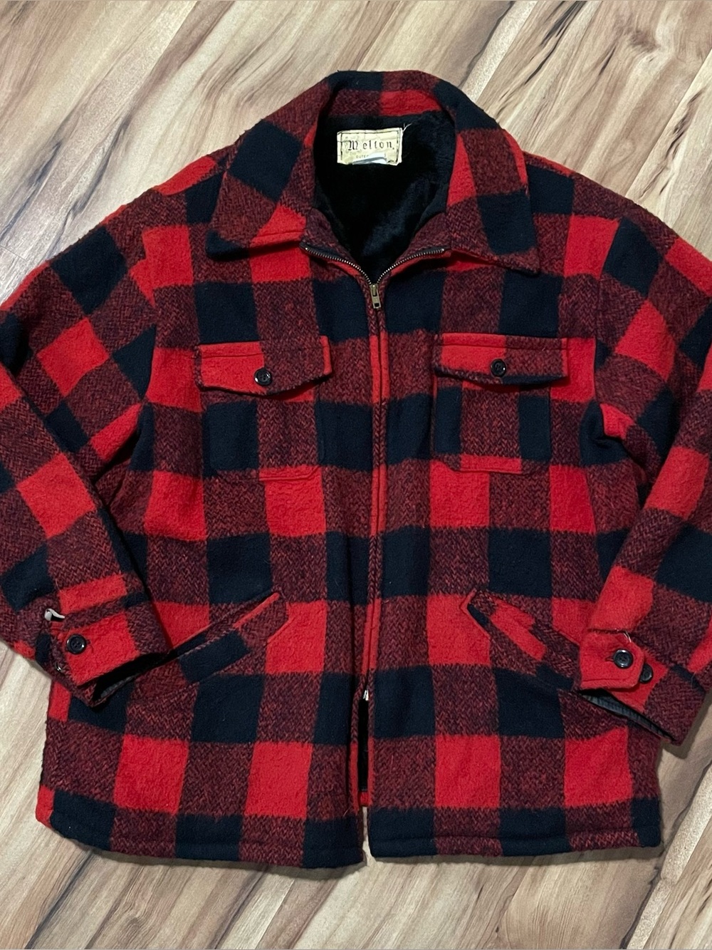 VTG 70s Melton Outerwear Heavy Buffalo Check Wool Hunting Jacket Coat Mens XL
